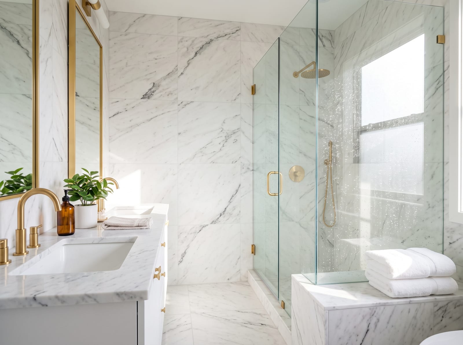 Spotless marble bathroom with gold fixtures