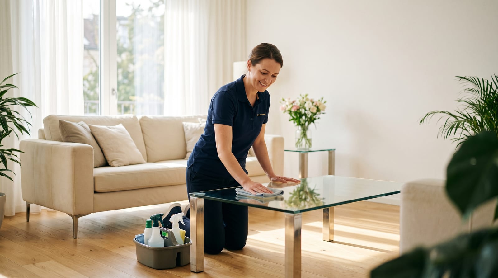 T&D cleaner polishing a glass table in a bright living room