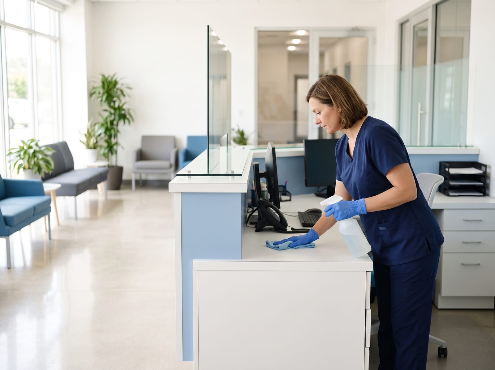 Disinfecting a medical clinic reception desk