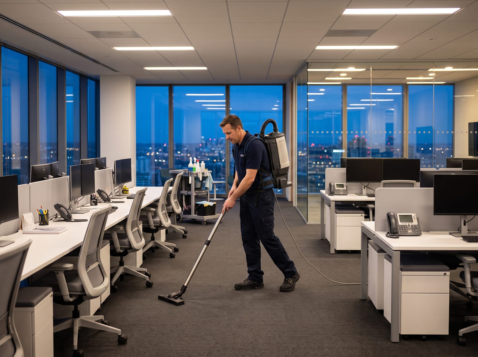 T&D team vacuuming a modern office after hours